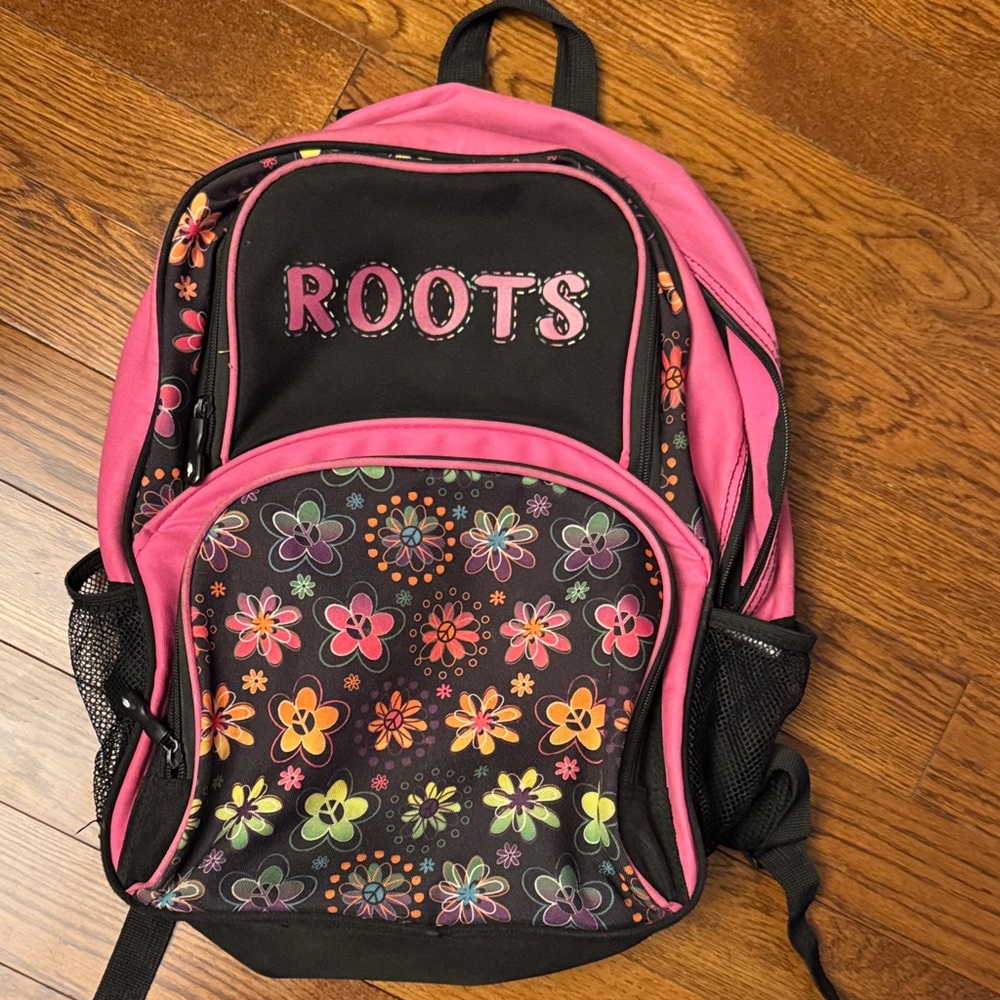 Roots Vibrant Pink and Black Floral Backpack
